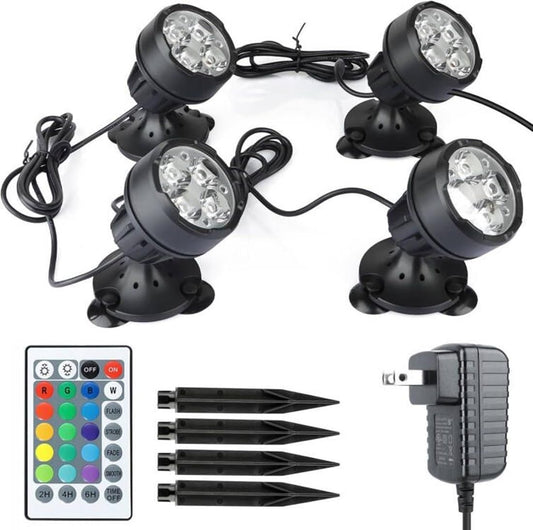 Pond Lights with Timer Color Changing Outdoor Spotlights Underwater Fountain Light Dimmable IP68 Waterproof Submersible LED Landscape Lighting with Spiked Stand (Set of 4)