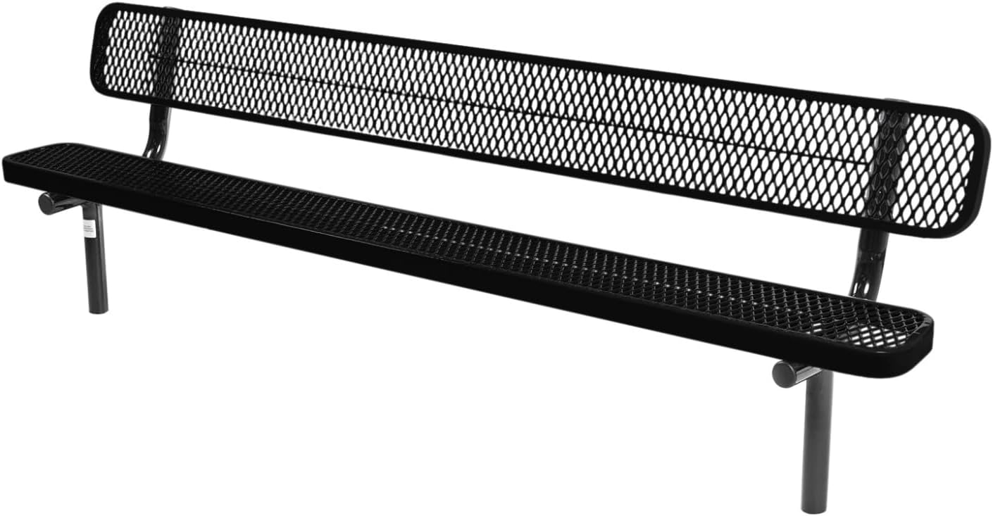 Coated Outdoor Furniture Heavy-Duty Outdoor Bench Thermoplastic Coated, Expanded Metal, Commercial-Grade Seating, Made in America (Inground with Back, 8 Ft, Textured Black)