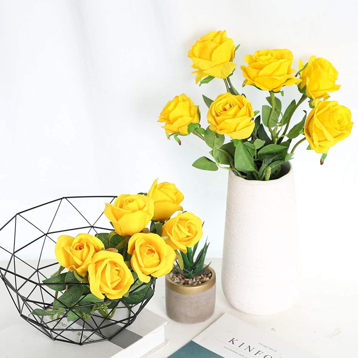 Hawesome 12PCS Artificial Silk Flowers Realistic Roses Bouquet Long Stem for Home Wedding Decoration Party (Yellow 1)