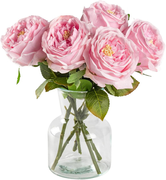 DuHouse 5Pcs Silk Roses Fake Pink Roses with Stems Real Touch Rose Artificial Flowers for Arrangement Wedding Party Home Decoration