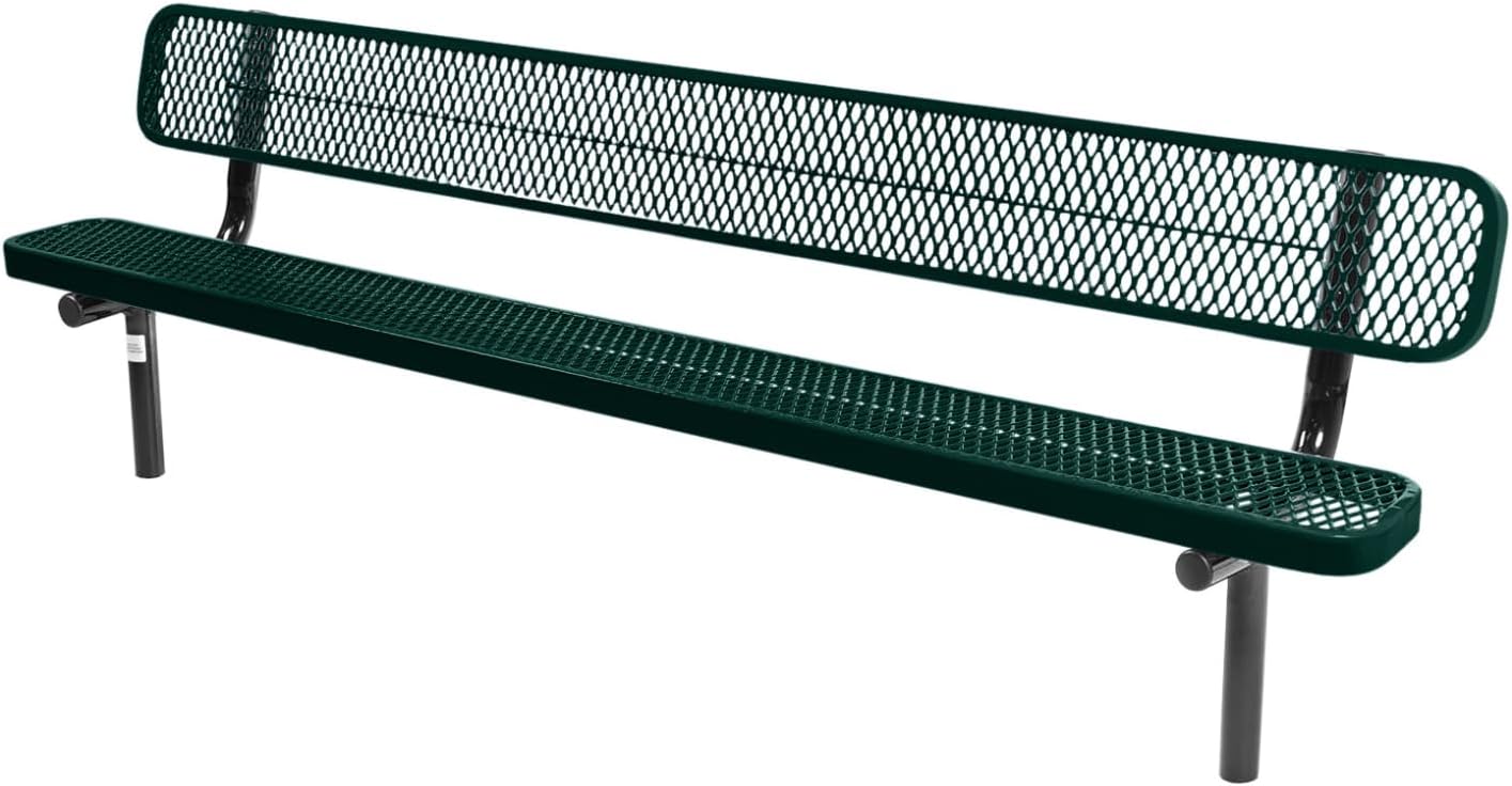Heavy-Duty Outdoor Bench Thermoplastic Coated, Expanded Metal, Commercial-Grade Seating, Made in America (Inground with Back, 8 Ft, Textured Dark Green)