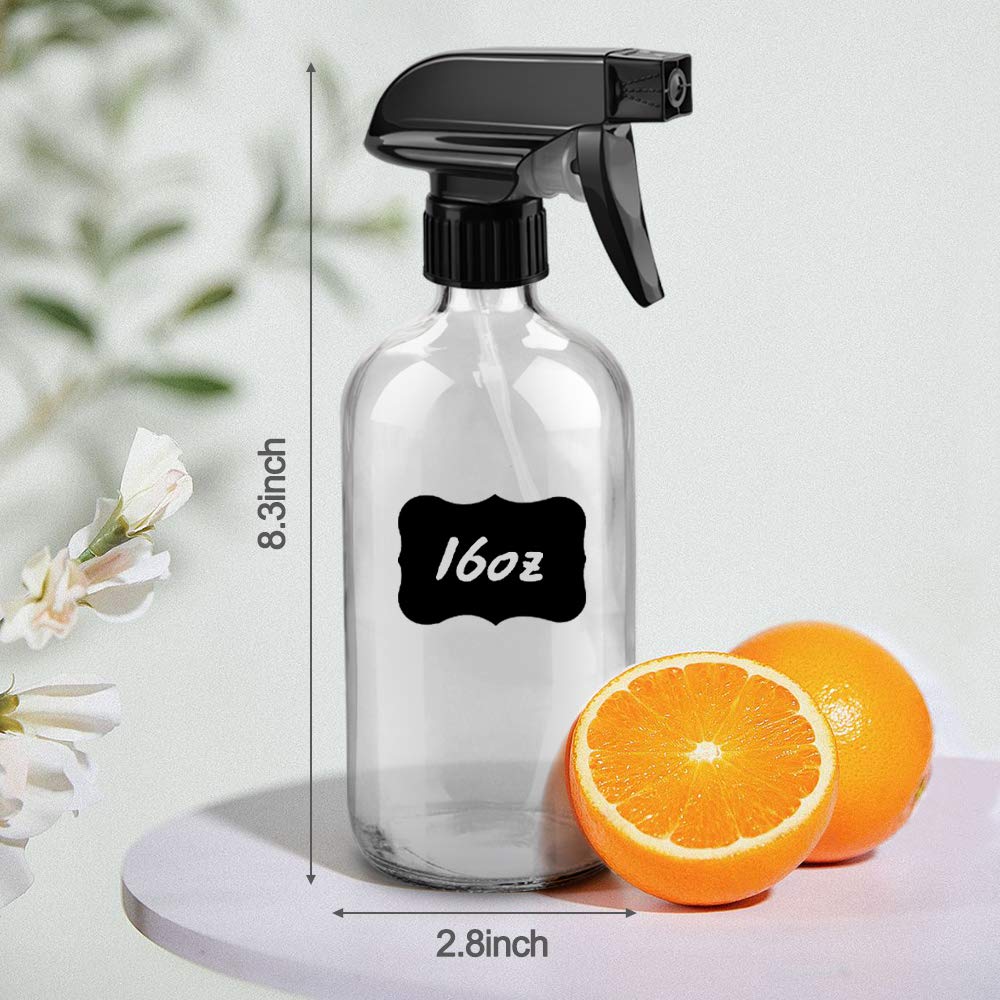 Glass Spray Bottles, 16oz Clear Glass Spray Bottles with Labels & Adjustable Nozzle, Reusable Containers for Cleaning Solutions, BBQ, Food, Plants, Alcohol, Essential Oils(2 Pack)