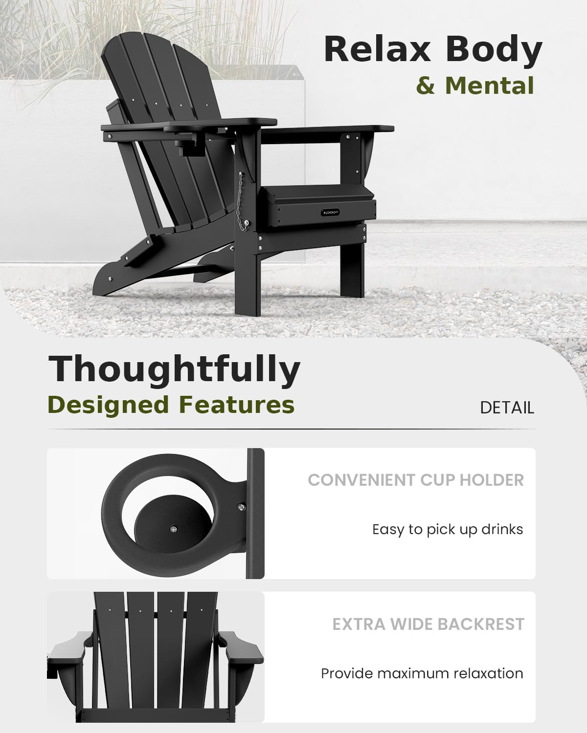 MUCHENGHY Folding Adirondack Chairs 6 Pack, Patio Chairs, Fire Pit Chairs, Outdoor Chairs, Plastic Adirondack Chairs, Lawn Chairs Weather Resistant with Cup Holder for Deck, Backyard, Garden(Black)