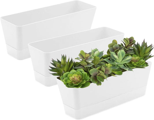 Lainrrew 3 Pack Window Box Planters, 12 Inches Rectangular Planter Plastic Flower Box Plant Pots Plant Containers with Tray for Balcony, Windowsill, Garden, Home Office Outdoor Decoration, White