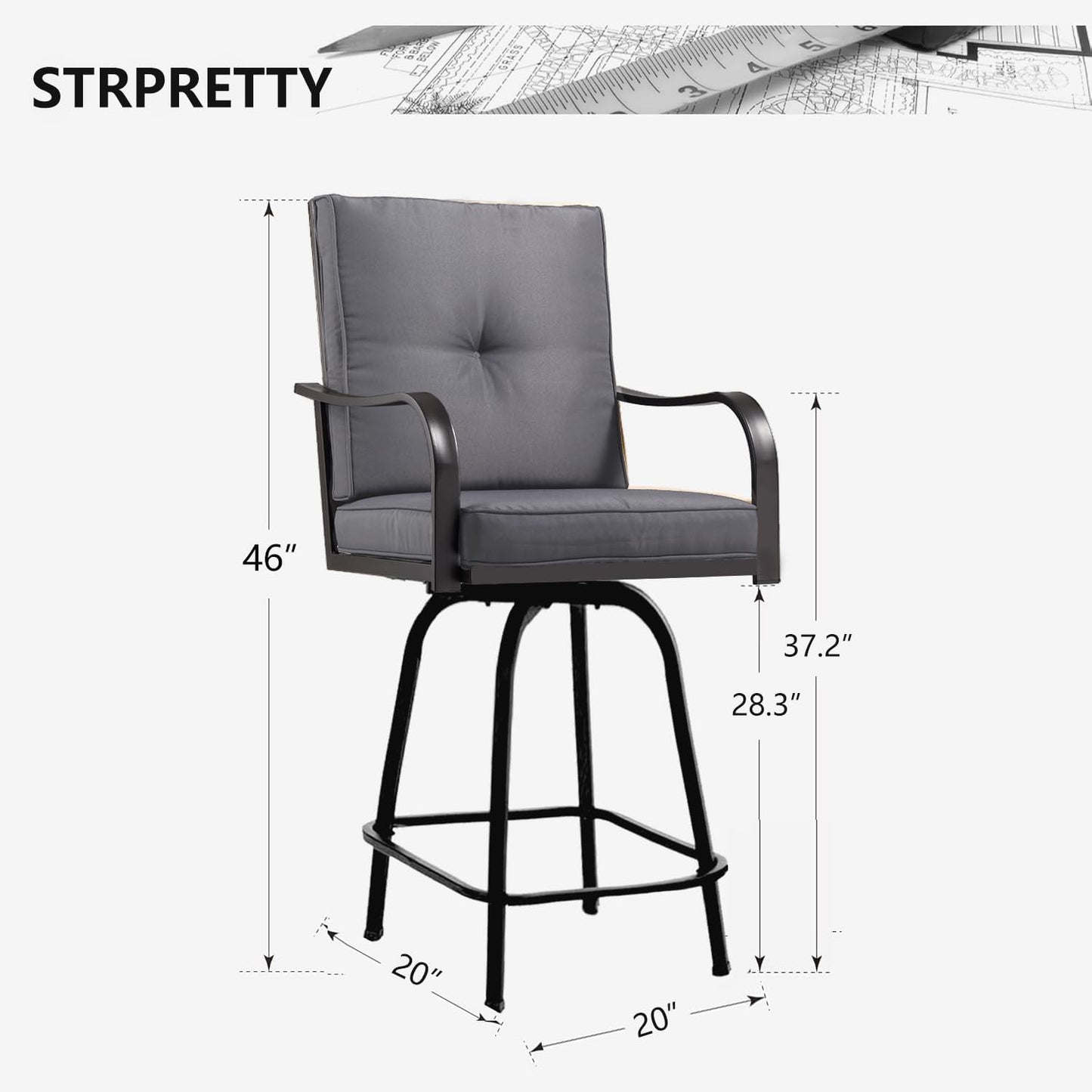Patio Swivel Bar Stools Set of 2, Outdoor Bar Height Patio Swivel Chairs with Cushion for Garden Balcony Backyard (Grey)