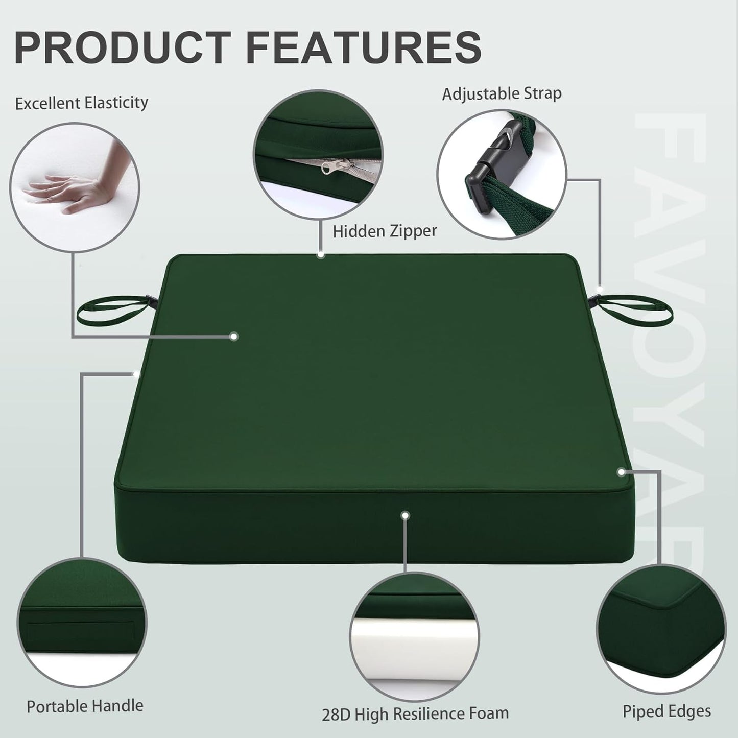 Favoyard Patio Chair Cushions 18 x 18 x 3 Inch Waterproof Outdoor Seat Cushions for Patio Furniture 3-Year Color Fastness Garden Sofa Couch Chair Pads with Handle & Adjustable Straps Set of 2, Green