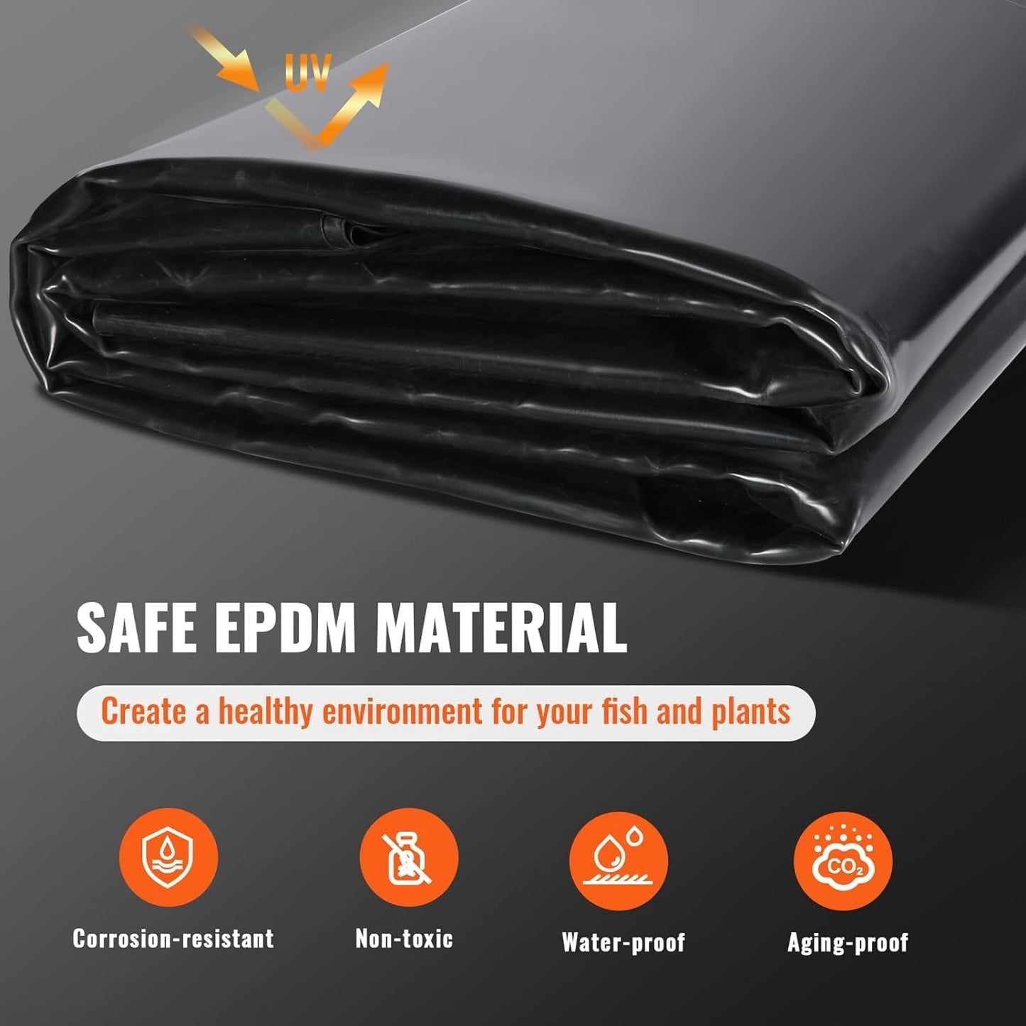 VEVOR 10 x 15 ft Pond Liner, 45 Mil Thickness, Pliable & Durable EPDM Material, Easy Cutting Underlayment for Fish or Koi,Waterfall, Fountains, Water Gardens, Black