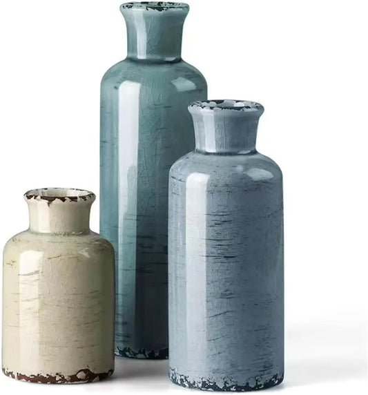 Ceramic Vase Set of 3,Small Rustic Vintage Decorative Vase for Home Decor,Modern Farmhouse Vases for Living Room,Table Shelf,Centerpieces,Fireplace and Entrance Decorative-Multicolor