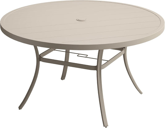 DIFY 50" Round Outdoor Patio Dining Table for 6, Metal Patio Table with 1.57" Adjustable Umbrella Hole, All-Weather Dining Furniture Table for Backyard Lawn Garden, Sandshell