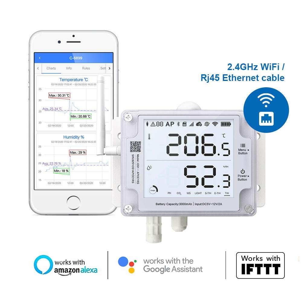 Ubibot GS1-AETH1RS + PT100 Ethernet Thermometer Hygrometer, WiFi Temperature Humidity Sensor, Digital Temperature Data Logger, Free App Email Alert(2.4GHz WiFi & RJ45 Ethernet, no hub Required)