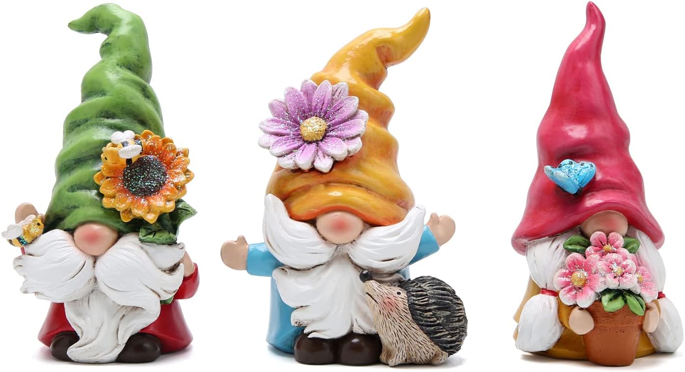 Hodao Set of 3 Spring Gnome Decorations Flower Gnomes Ornaments Decor Summer Outdoor Figurines Spring Elves for Porch, Garden Yard, Flower Bed Garden Gifts for Women, Mom (Multicolor)