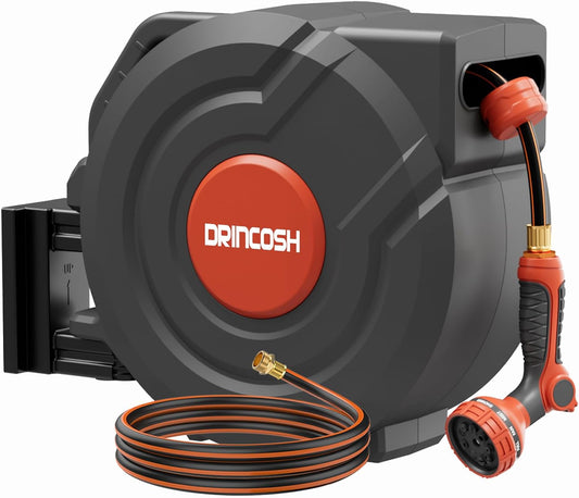 Upgraded Retractable Garden Hose 5/8 in x 90 ft Heavy Duty Wall-Mounted Hose Reel 180°Swivel Automatic Slow Return Any Length Lock 9 Pattern Nozzle UV Resistant (Black)
