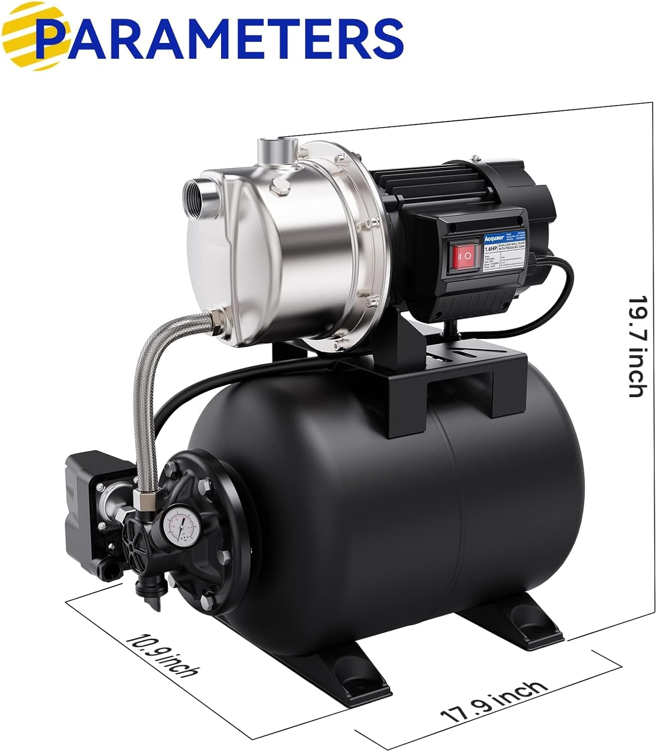 Acquaer 1.6 HP Shallow Well Pump with Pressure Tank, Stainless Steel, 1320 GPH 115V Irrigation, Automatic Water Booster Jet Pump for Home, Garden, Lawn
