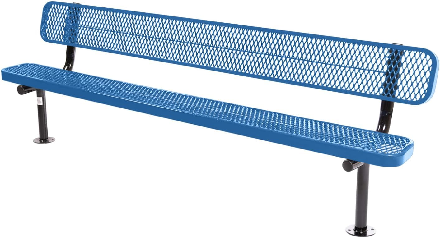 Coated Outdoor Furniture Heavy-Duty Outdoor Bench Thermoplastic Coated, Expanded Metal, Commercial-Grade Seating, Made in America (Surface with Back, 8 Ft, Textured Light Blue)