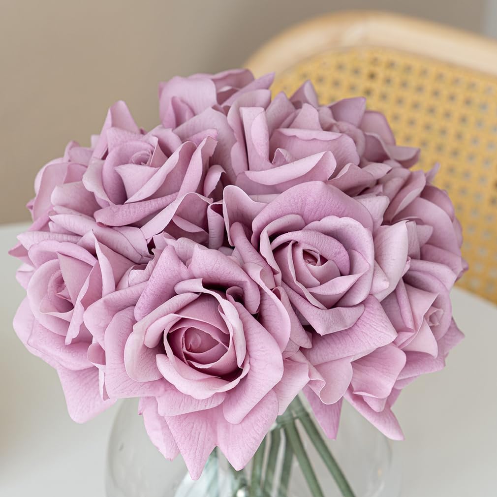 Artificial Roses Single Stem 10pcs Fake Silk Flower Arrangement Bouquet Real Touch for Home Party Wedding Decoration(Light Purple)