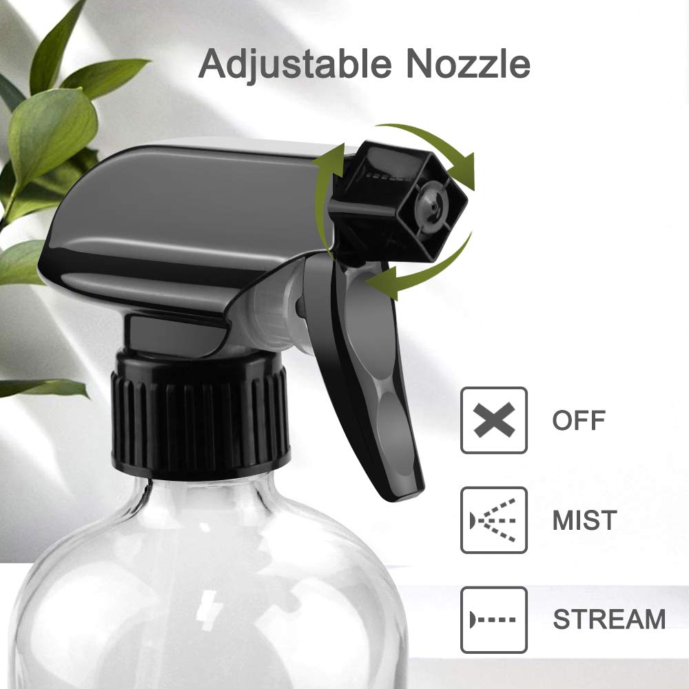 Glass Spray Bottles, 16oz Clear Glass Spray Bottles with Labels & Adjustable Nozzle, Reusable Containers for Cleaning, BBQ, Food, Plants, Alcohol, Essential Oils(3 Pack)