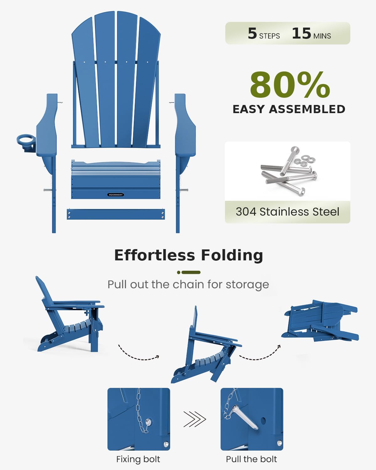 MUCHENGHY Folding Adirondack Chairs HDPE Weather Resistant 6 Pack, Patio Firepit Chairs, Sturdy Outside Chair, Lawn Chairs, 15min Assembly 380lb, Royal Blue