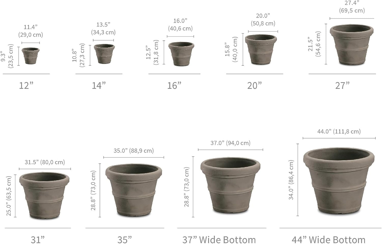 Crescent Garden Brunello Classic Rolled Rim Planter Pot, Indoor/Outdoor Weather-Safe Round Plant Pot, 14'' (Caviar Black)