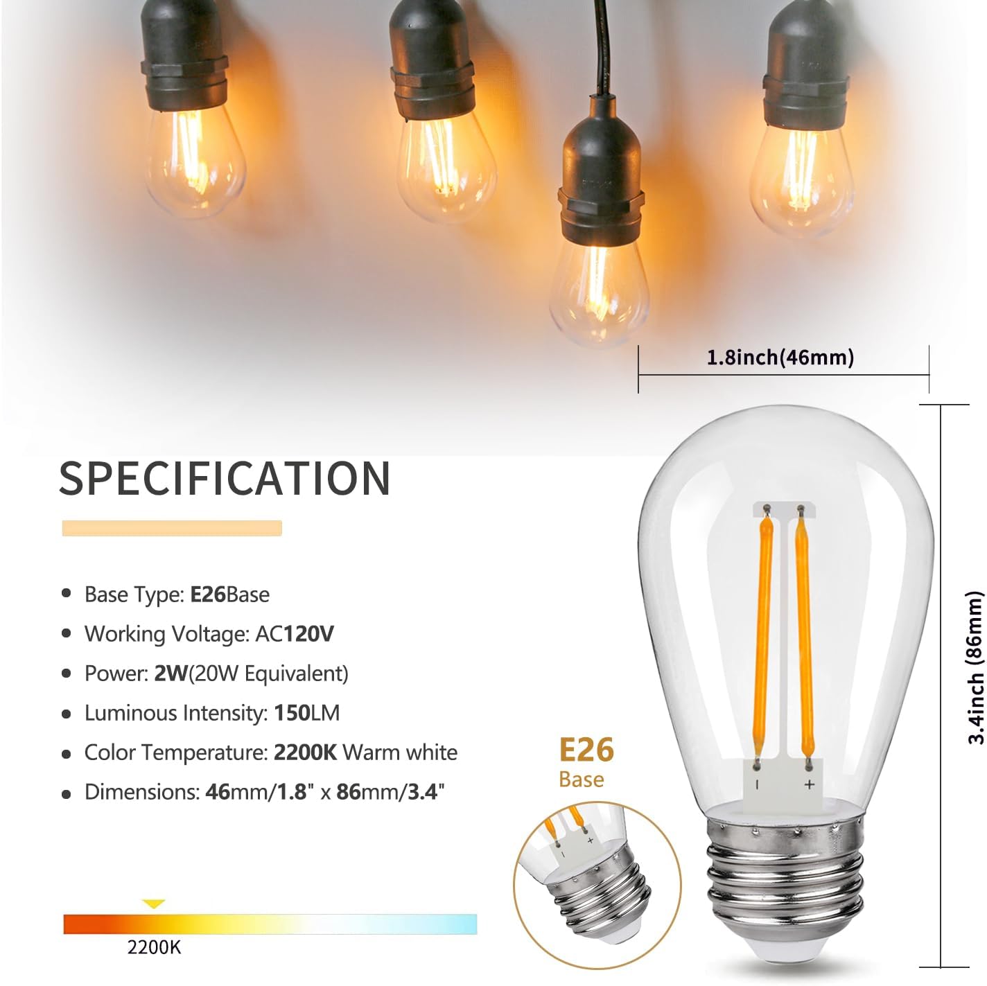 S14 Replacement LED Light Bulbs, Shatterproof & Waterproof 2W S14 Edison LED Bulbs, Outdoor String Lights, E26 Base Patio Lights, Warm White 2200K Plastic 150ML Non-Dimmable 15 Pack