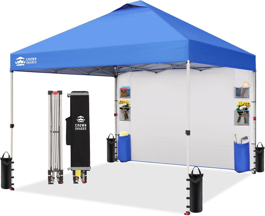 CROWN SHADES Canopy Tent, 10 x 10 Foot Portable Pop Up Outdoor Shelter with Pocket Sidewall, Push Center Lock, UV Protection, and Carry Bag, Blue