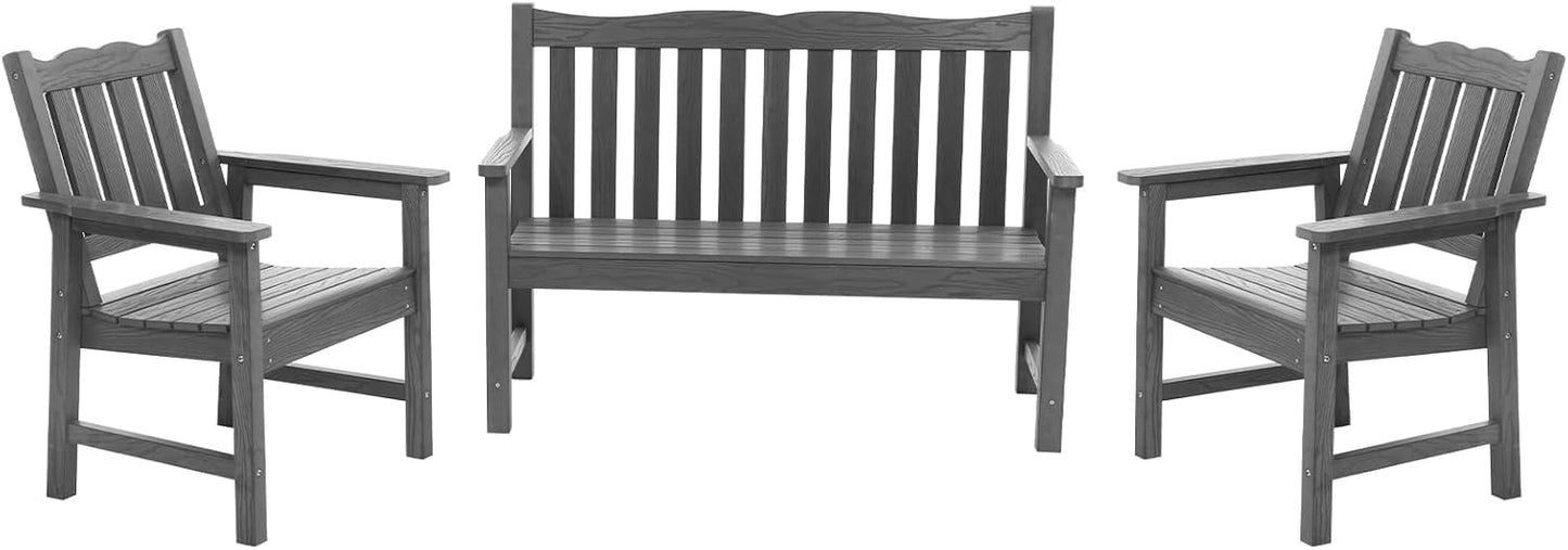 Stoog 3 Piece Outdoor Bench & Outdoor Chairs Set, All-Weather HIPS Patio Furniture Set, Include 1 Patio Bench and 2 Patio Chairs, Grey