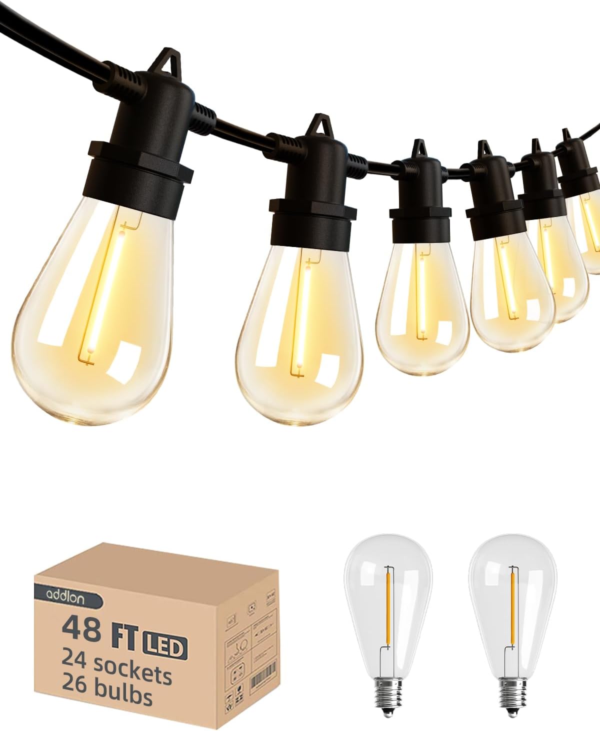 addlon 48FT(2FT Space) LED Outdoor String Lights with 24 Edison Shatterproof Bulbs, Heavy-Duty and Weatherproof Strand, Commercial Grade Patio Lights, Decorative for Garden or Patio, Black