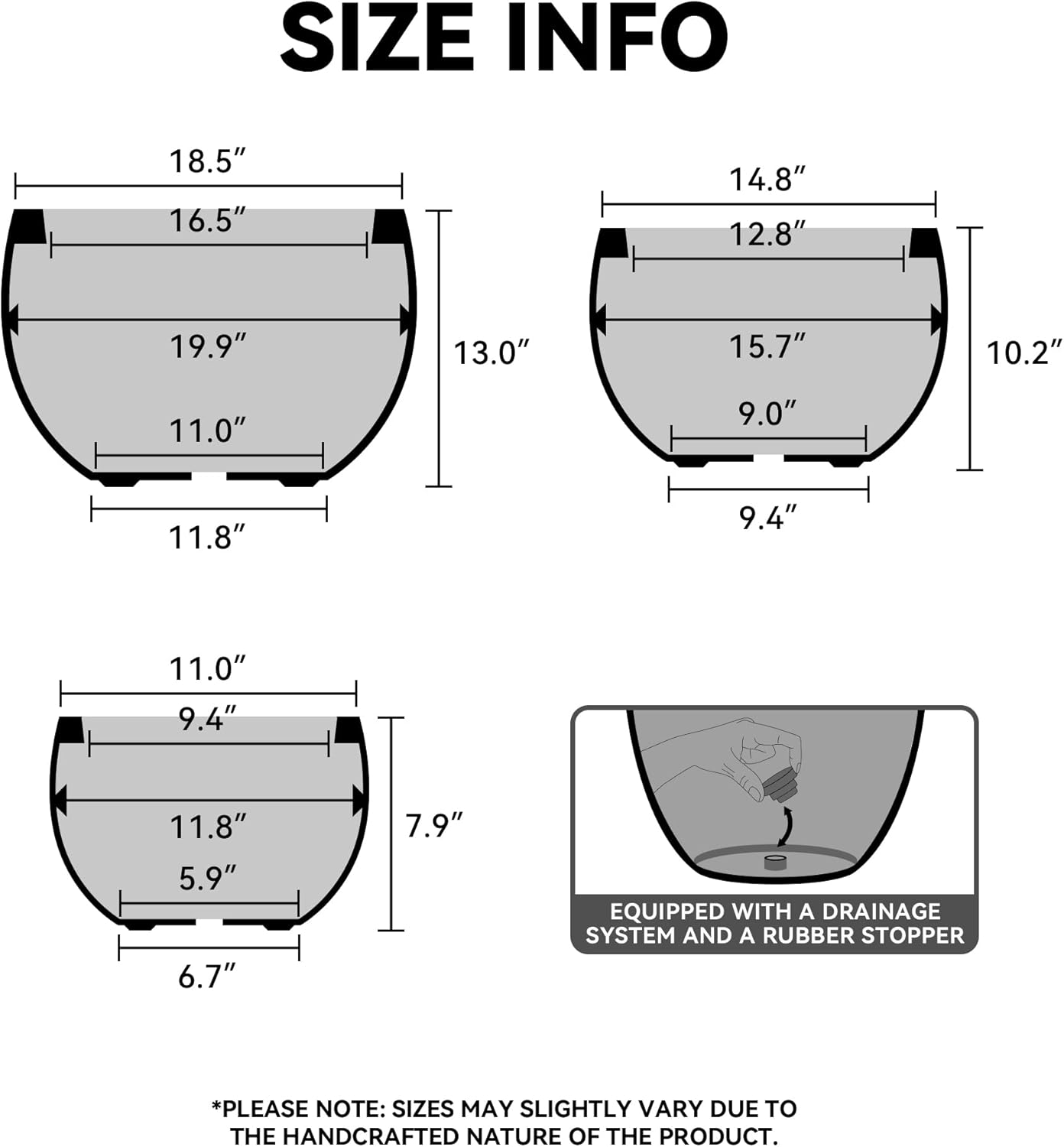 Kante 19.9",15.7",11.8" Dia Round Concrete Planter Set of 3, Outdoor/Indoor Large Bowl Plant Pots with Drainage Hole and Rubber Plug for Garden Patio Balcony Home, Mint Green