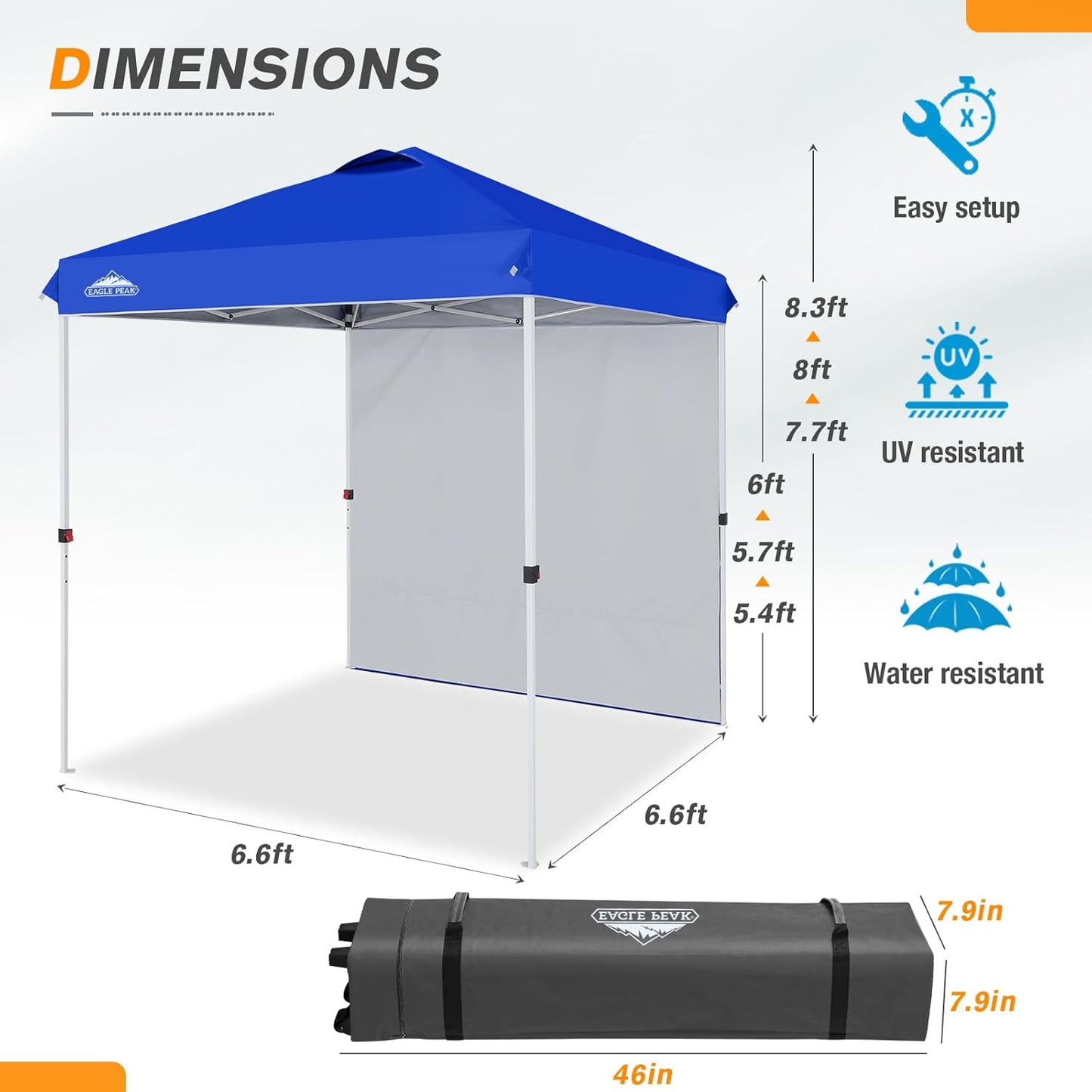 EAGLE PEAK Pop Up Canopy Tent with 1 Sidewall, Easy Setup Event Tent, Outdoor Sun Shade, Wheeled Carry Bag, Stakes and Guy Ropes, Instant Canopy 6.6x6.6, Blue