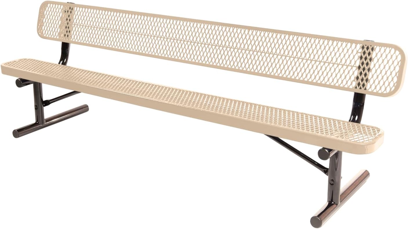 Coated Outdoor Furniture Heavy-Duty Portable Outdoor Bench Thermoplastic Coated, Expanded Metal, Commercial-Grade Seating, Made in America (Portable with Back, 8 Ft, Tan)