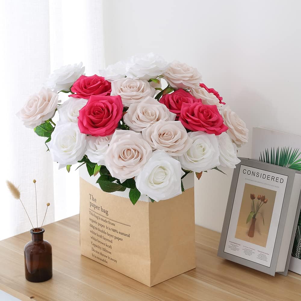 Artificial Rose 10pcs Open Flower Bouquet Faux Rose Stems for Wedding Arrangement, Bridal Bouquet, Centerpiece, Fake Faux Silk Flowers (White)