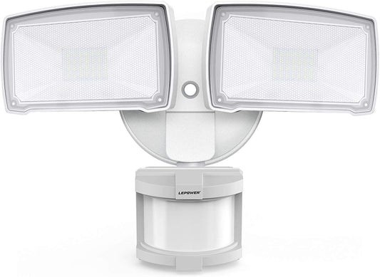 LEPOWER LED Motion Sensor Security Lights Outdoor, 30W 3200LM, 5500K, IP65 Waterproof, 2 Head Motion Detector Flood Light for Garage, Yard, Porch, White (NOT Solar Powered)