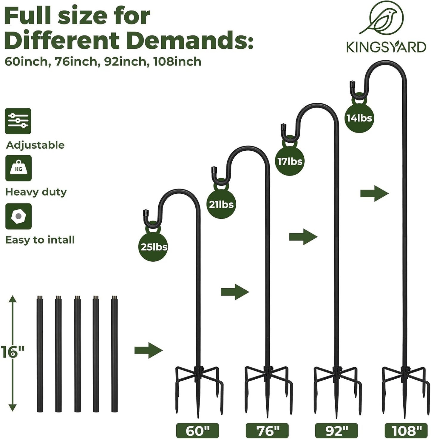 Kingsyard Adjustable Shepherd Hooks for Outdoor - 92 INCH Heavy Duty Bird Feeder Pole with 5 Prong Base, Hummingbird Feeder Stand, Garden Plant Baskets, Weddings Decor, Solar Light Lanterns