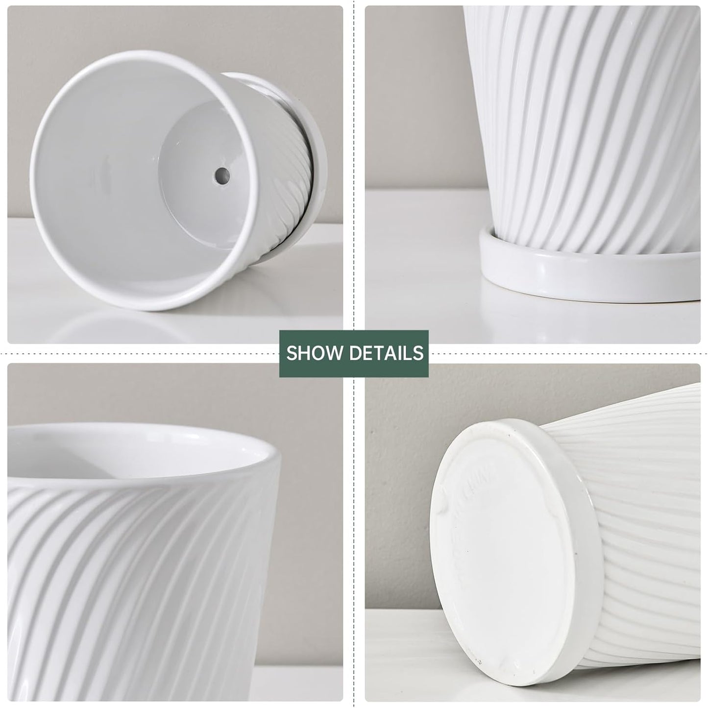 Ton Sin Plant Pots,White 6 Inch Flower Pots for Plants,Ceramic Planter with Drainage Holes,Indoor Planter Pots with Saucer,Outdoor Garden Pots (White, 4 Pack)