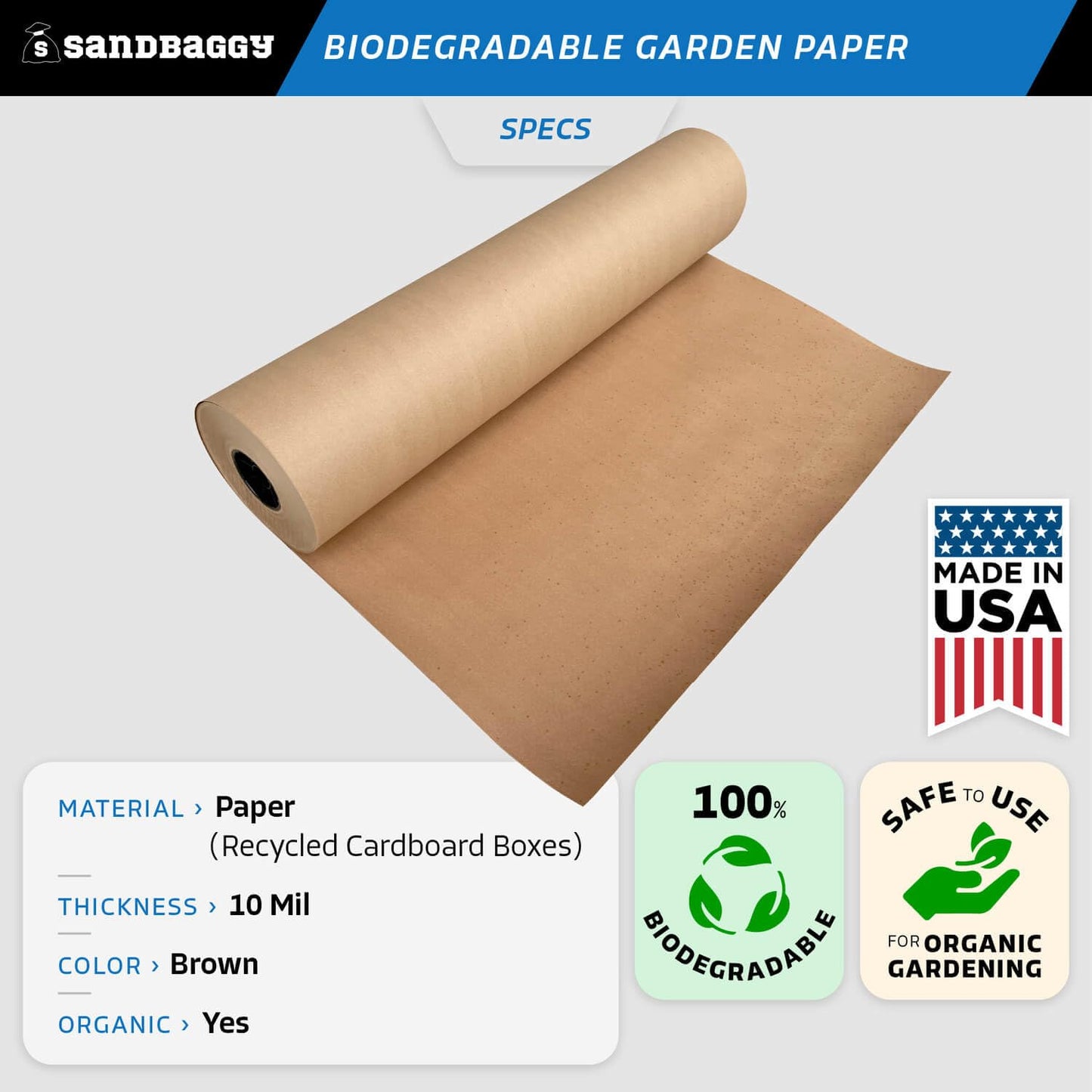 Sandbaggy Biodegradable Landscape Fabric - Garden Paper for Weeds - Paper Mulch Rolls - Made in America (3 ft x 475 ft, 10)