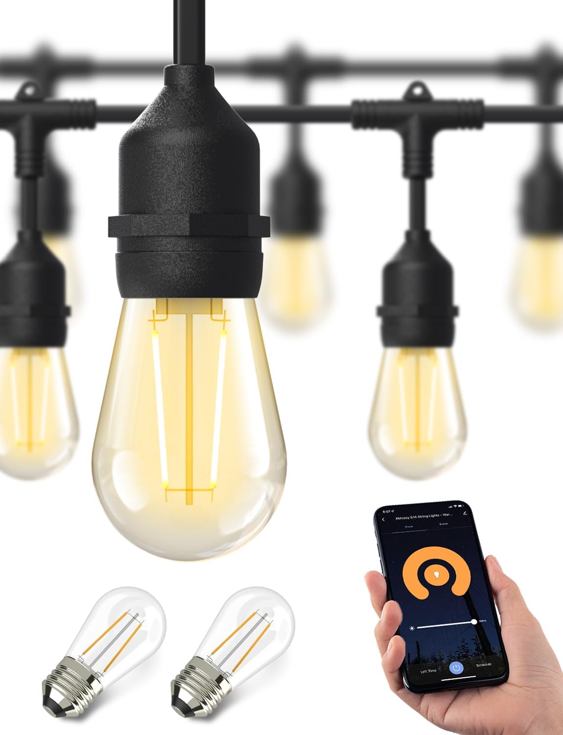 XMCOSY+ Smart Outdoor String Lights, 98Ft LED Patio Lights Waterproof IP65, App Control, Compatible with Alexa, Dimmable Edison Bulbs Outdoor Light for Yard Porch Bistro Outside