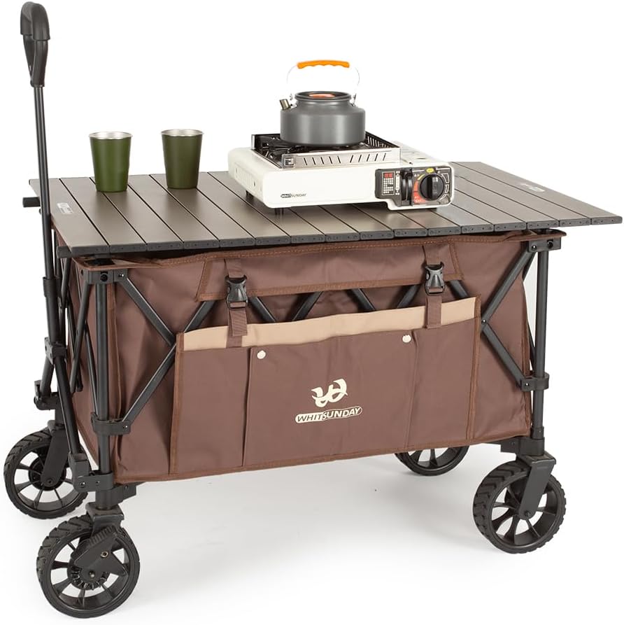 Whitsunday Folding Collapsible Utility Wagon, Heavy Duty Outdoor Park Beach Wagon with Table and Side Pocket for Camping Sports Shopping Brown
