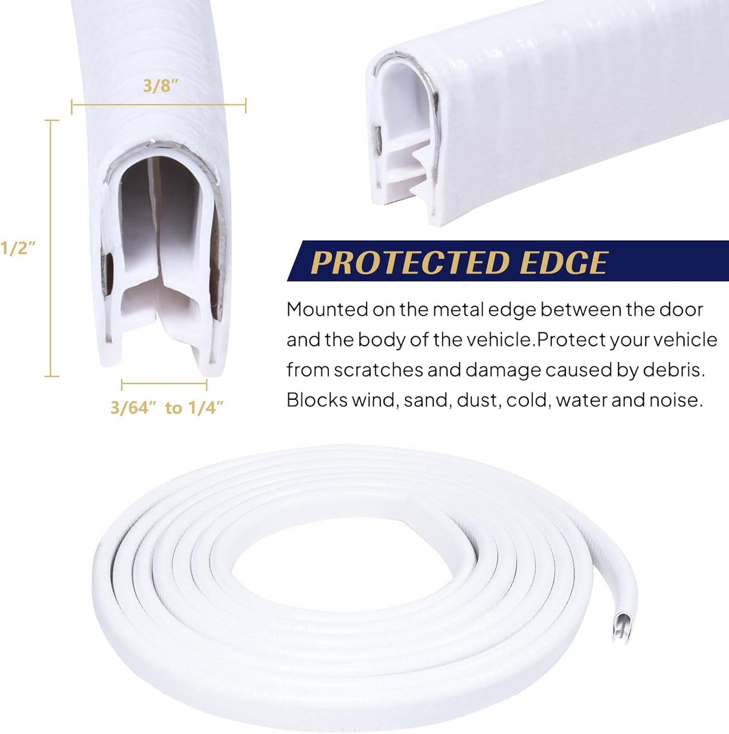 Edge Trim White U-Channel Rubber Trim Edge with Metal 1/2" X 3/8" - Fit Gap 3/64" to1/4 Car Door Edge Sealing Strip, PVC Weather Stripping with Steel, Metal Edge Protector, 16FT