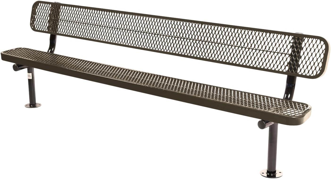 Coated Outdoor Furniture Heavy-Duty Outdoor Bench Thermoplastic Coated, Expanded Metal, Commercial-Grade Seating, Made in America (Surface with Back, 8 Ft, Textured Brown)
