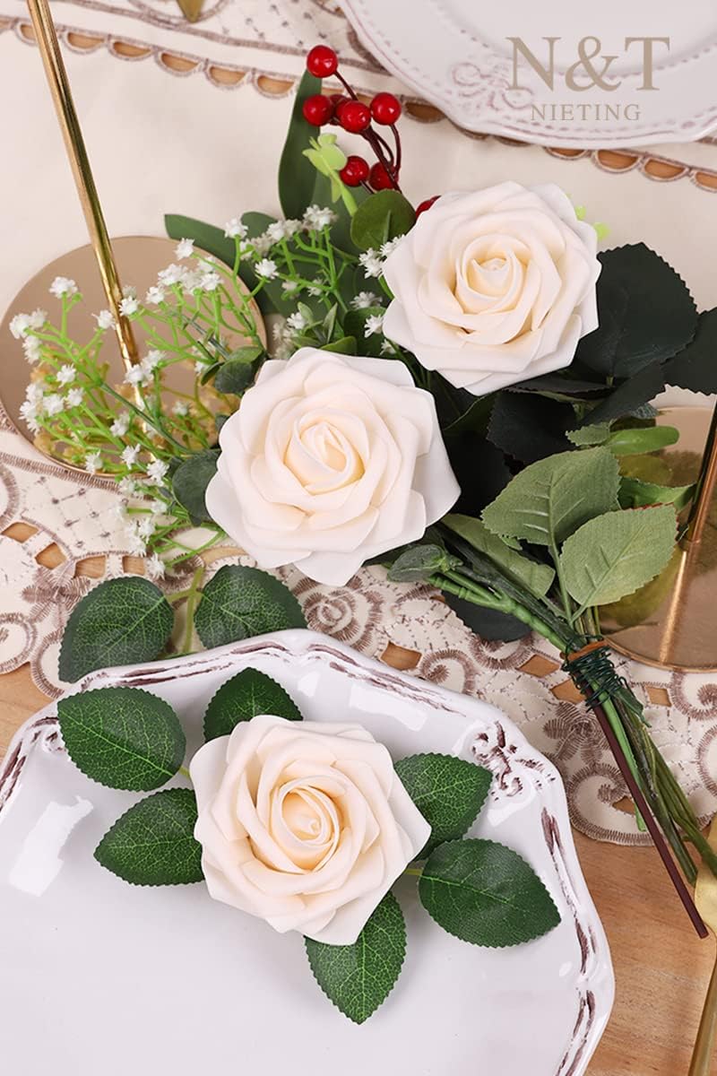 N&T NIETING Artificial Flowers, 25pcs Fake Flowers Bulk Perfect for DIY Fall Wedding Bridesmaid Bridal Bouquets Centerpieces Party Home Flower Arrangement Decoration, Cream Roses