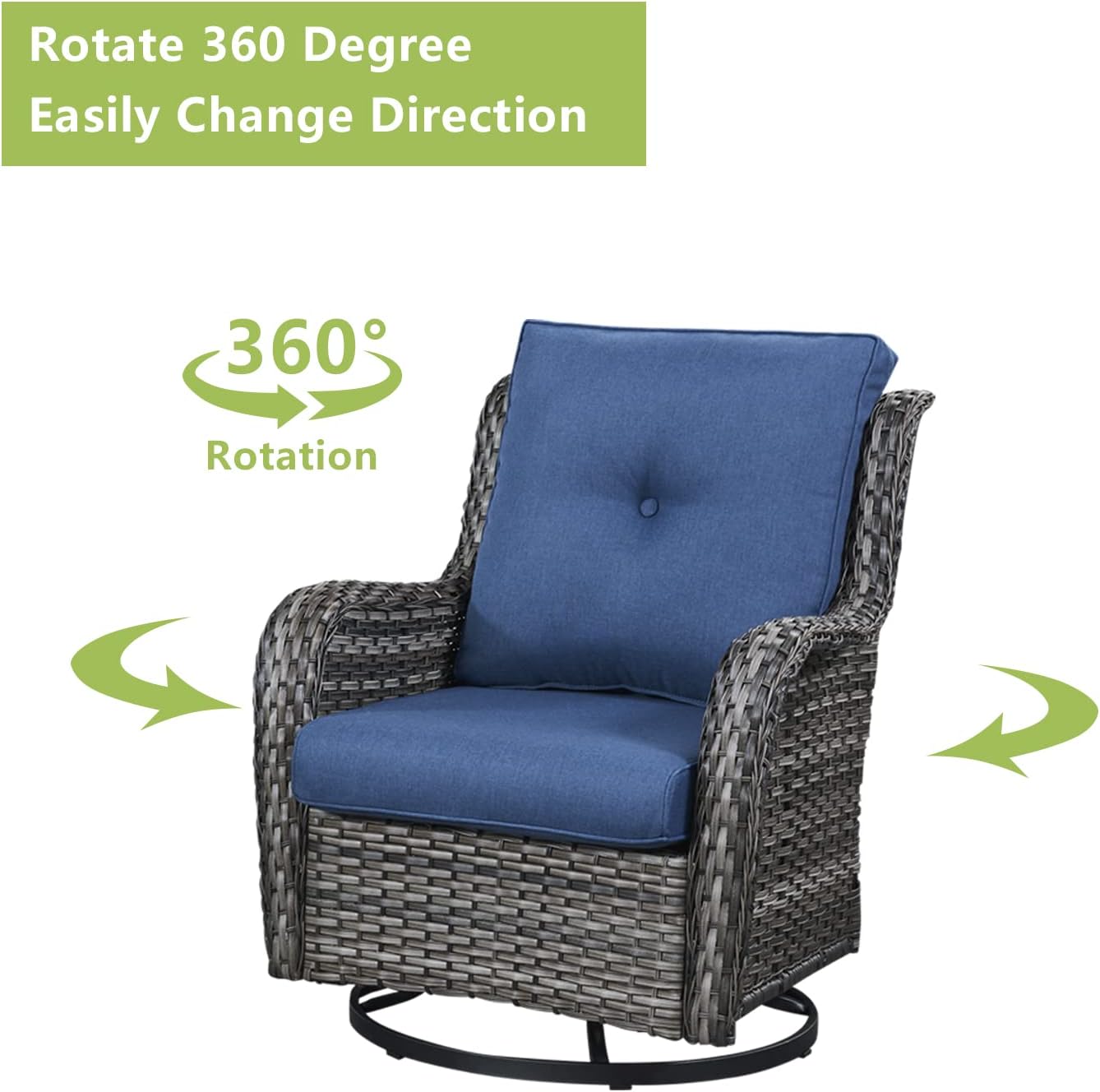 Outdoor Patio Swivel Rocker Chairs - 3 Piece Patio Bistro Set,Wicker Patio Furniture Set with 2 Swivel Rocking Chairs and 1 Glass Top Side Table for Deck Porch Garden,Mixed Grey/Blue