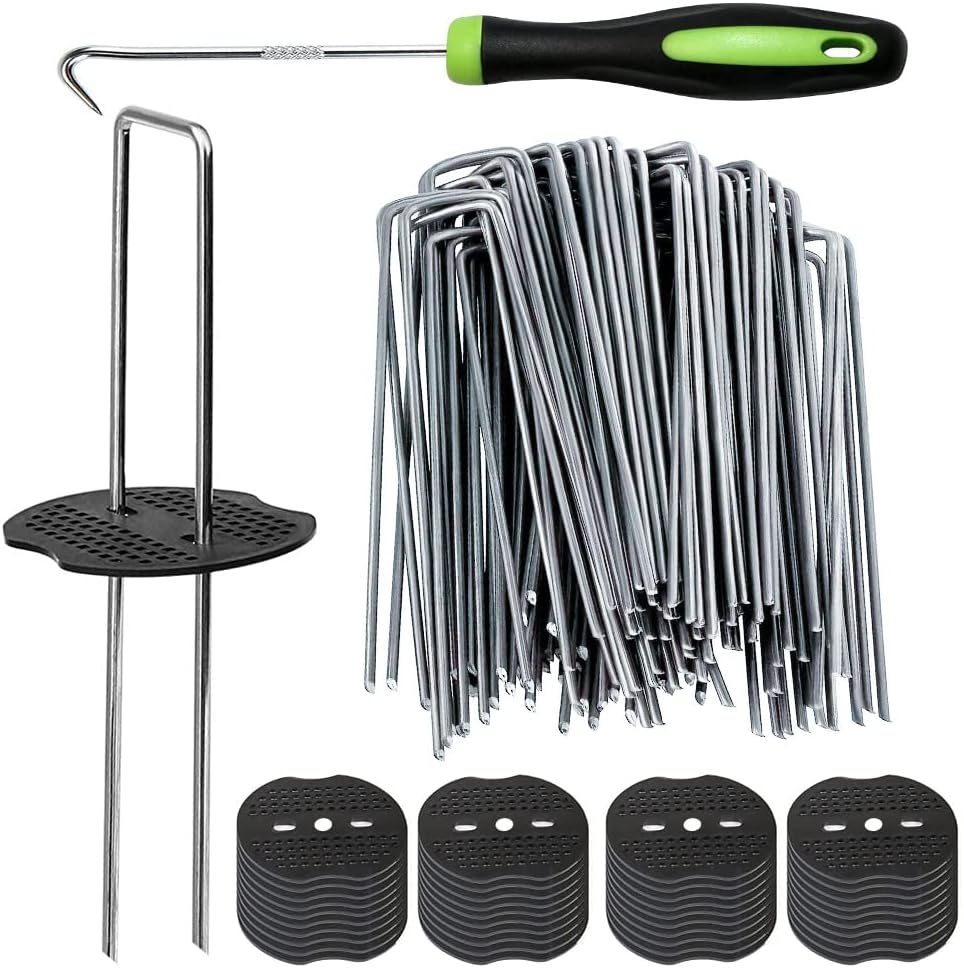 50Pcs Garden Stakes Staples + 50Pcs Gasket, Bakulyor 6 Inch Lawn Landscape Staples 11 Gauge U Shaped Galvanized Landscape Pins, Heavy Duty Yard Ground Pin for Weed Barrier Sod Fabric Decorations - 6"