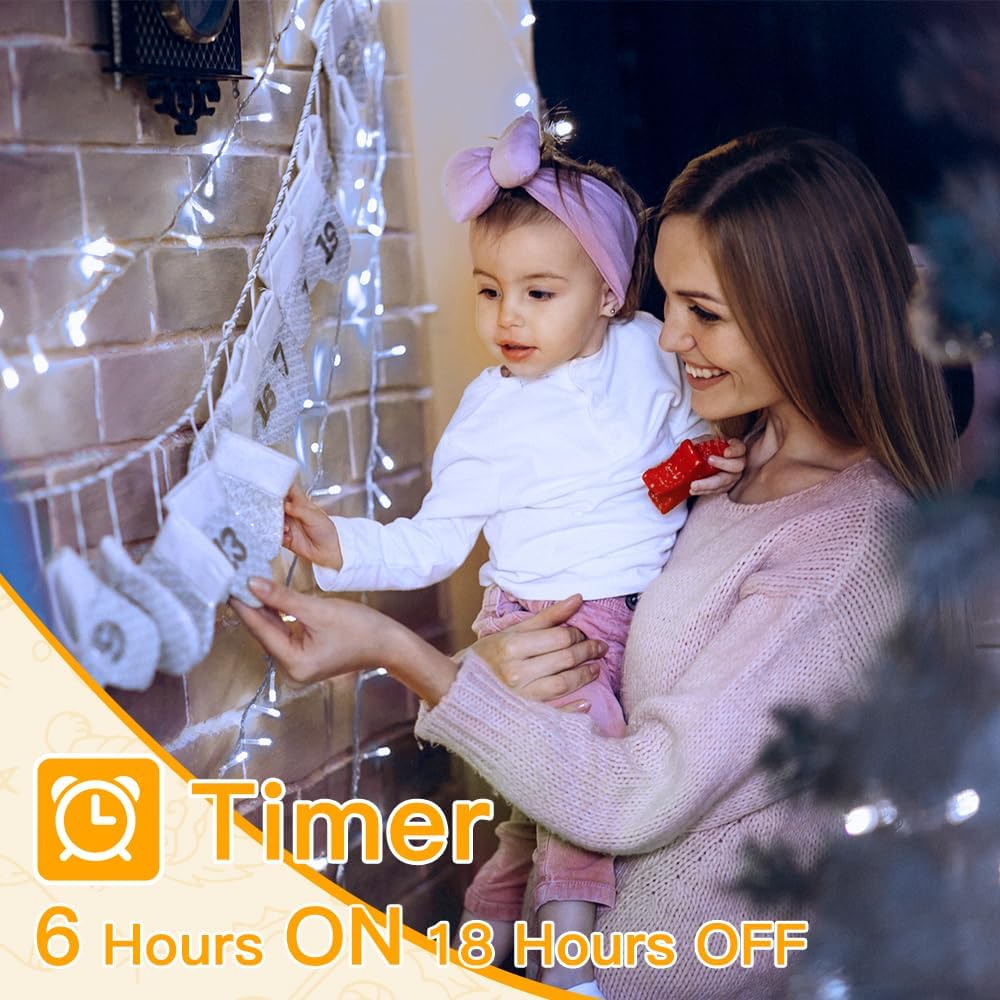 Ollny String Lights Indoor 200LED 60FT, Cool White Connectable Plug in LED Outdoor Light, 8 Modes Waterproof Timer Christmas Lights for Outside Bedroom House Party Wedding Camping