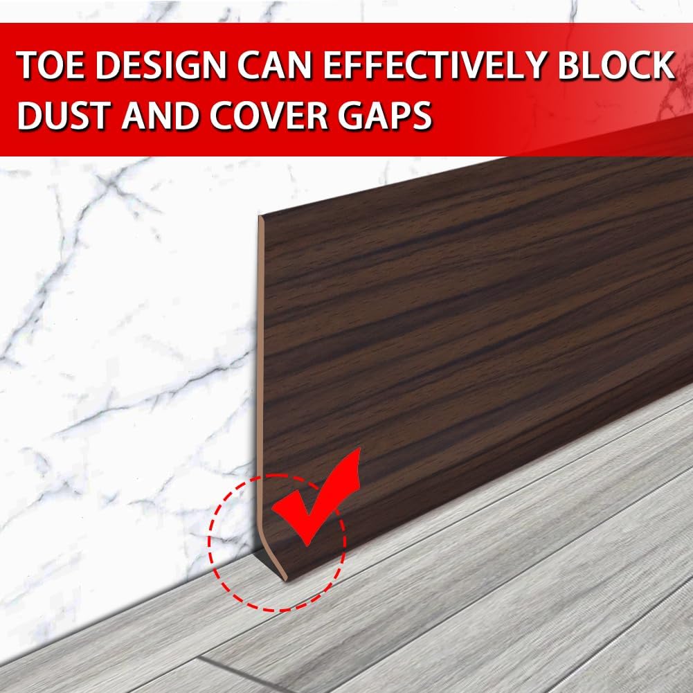 Vinyl Wall Base Baseboard Molding Trim 6" Flexible Self Adhesive Rubber Wall Base Moulding Trim Peel and Stick Design, 6 Inch x 60 Feet, Brown Wood