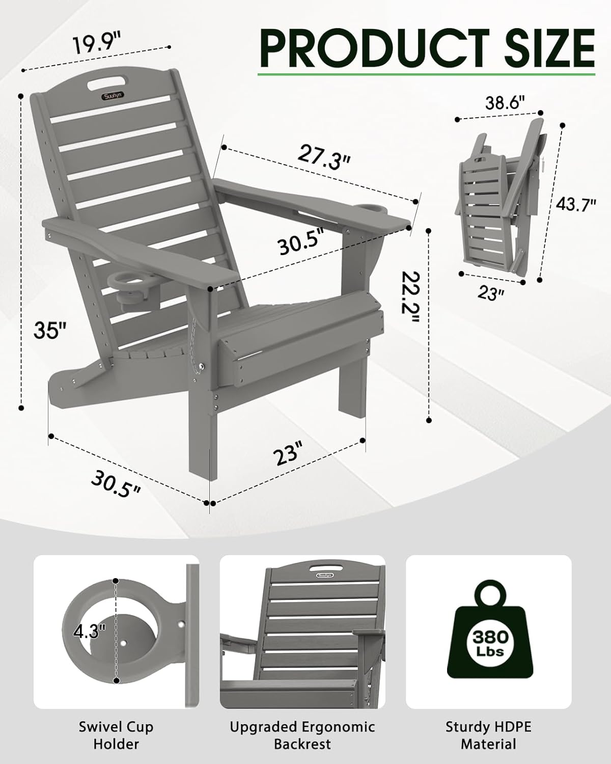 Adirondack Chairs Set of 2, Outdoor Fire Pit Chairs, HDPE All-Weather Adirondack Chairs with Cup Holder, Lawn Chair for Deck, Patio, Garden (Grey)