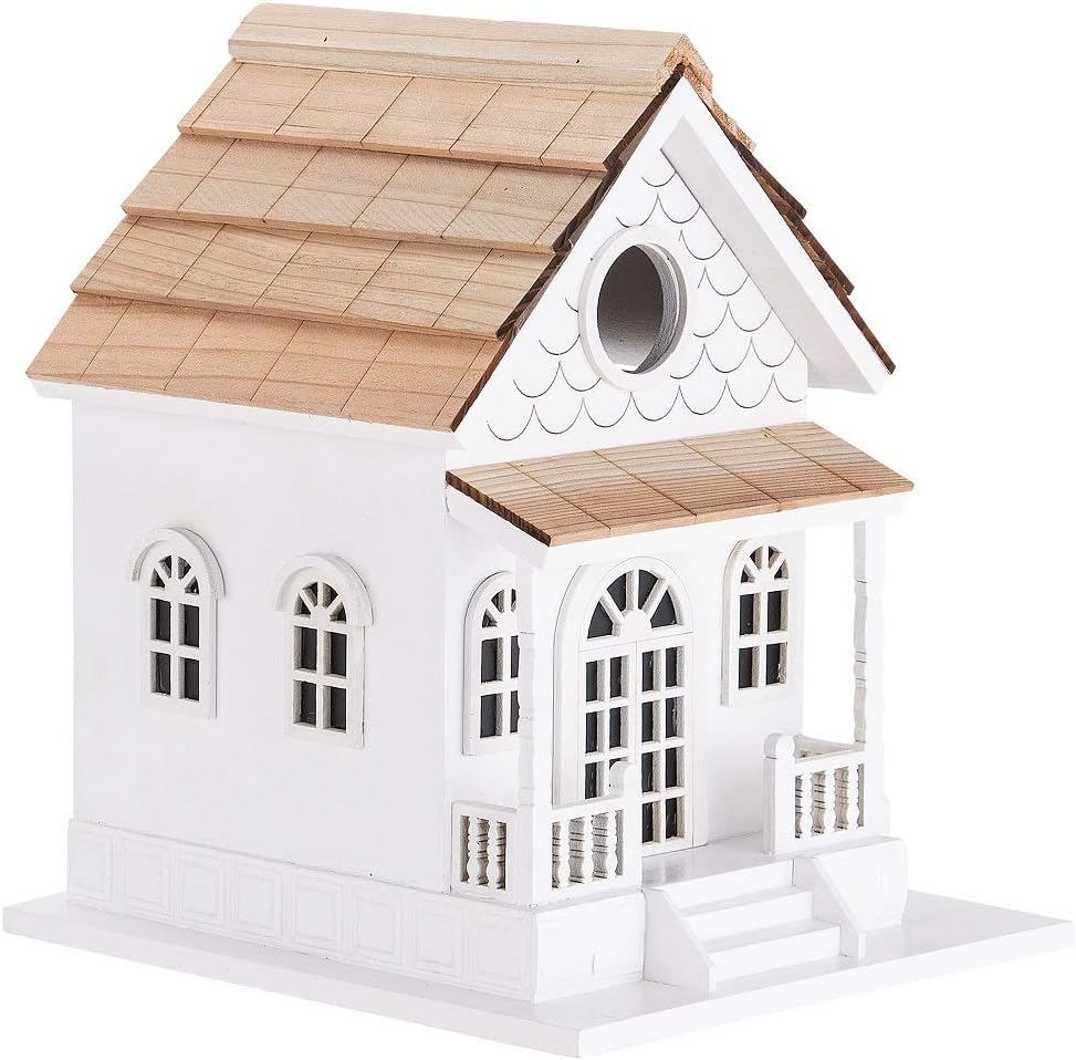 Decorative Wooden Birdhouse for Outdoor Hanging – Handcrafted Miniature Cottage Style with Blue Roof, Front Porch, and Balcony – Garden or Backyard Décor for Wild Birds (Country Colonial)