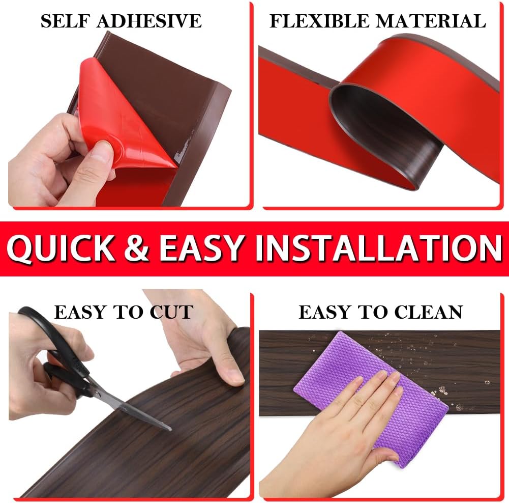 Vinyl Wall Base Baseboard Molding Trim 4" Flexible Self Adhesive Rubber Wall Base Moulding Trim Peel and Stick Design, 4 Inch x 100 Feet, Brown Wood