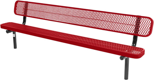 Coated Outdoor Furniture Heavy-Duty Outdoor Bench Thermoplastic Coated, Expanded Metal, Commercial-Grade Seating, Made in America (Inground with Back, 8 Ft, Textured Red)