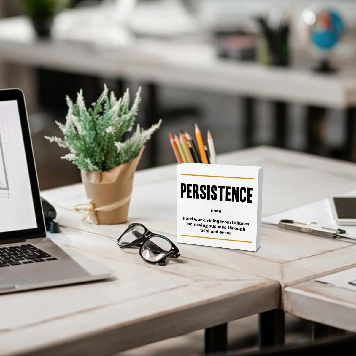 Persistence Noun Entrepreneur White Wooden Box Sign, Inspirational Office Decor Decorative Table Shelf Desk Decor, Rustic Workplace Farmhouse Home Bedroom Decor Office Decorations Desk Accessories
