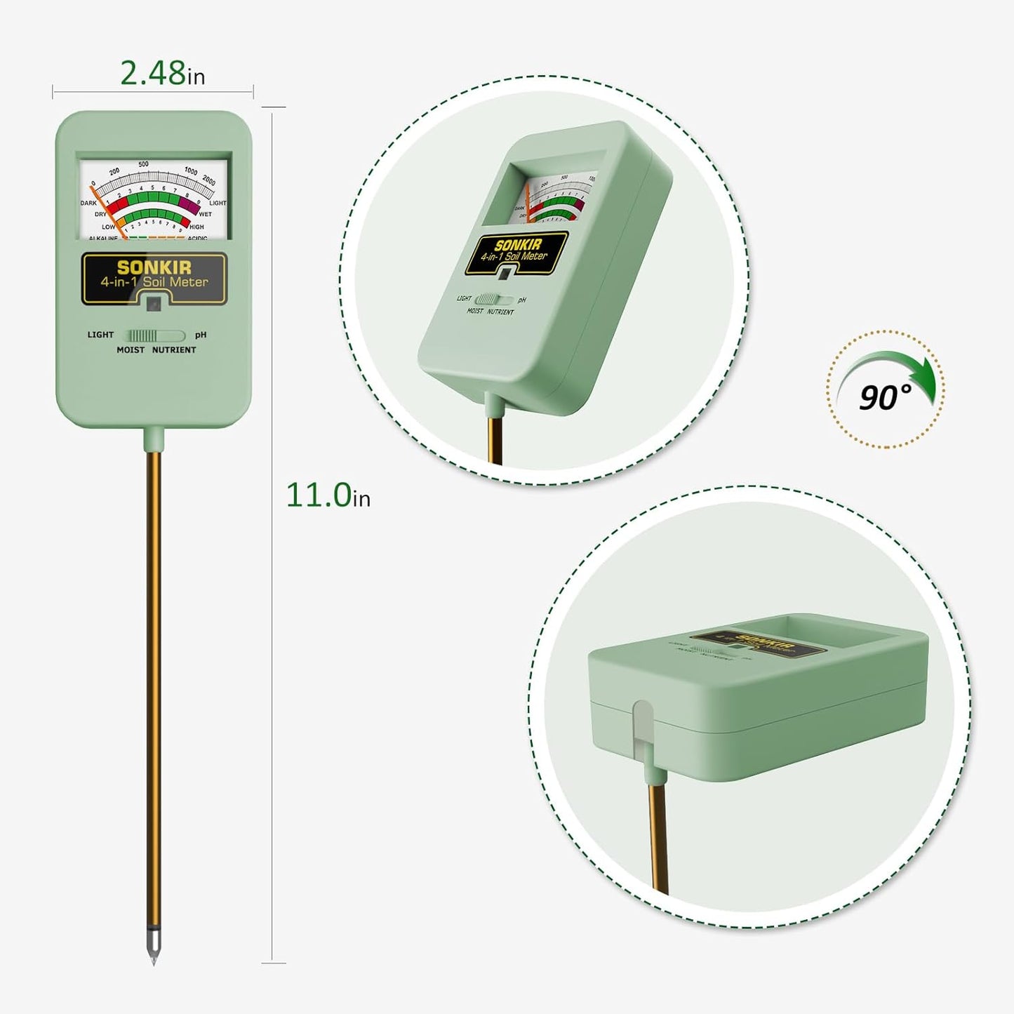 Soil Moisture Meter, 4-in-1 Soil Ph Meter, Soil Tester for Nutrients, Moisture, PH and Light, Soil Ph Test Kits for Plant, Great for Garden, Indoor & Outdoor Use (No Battery Required), Green