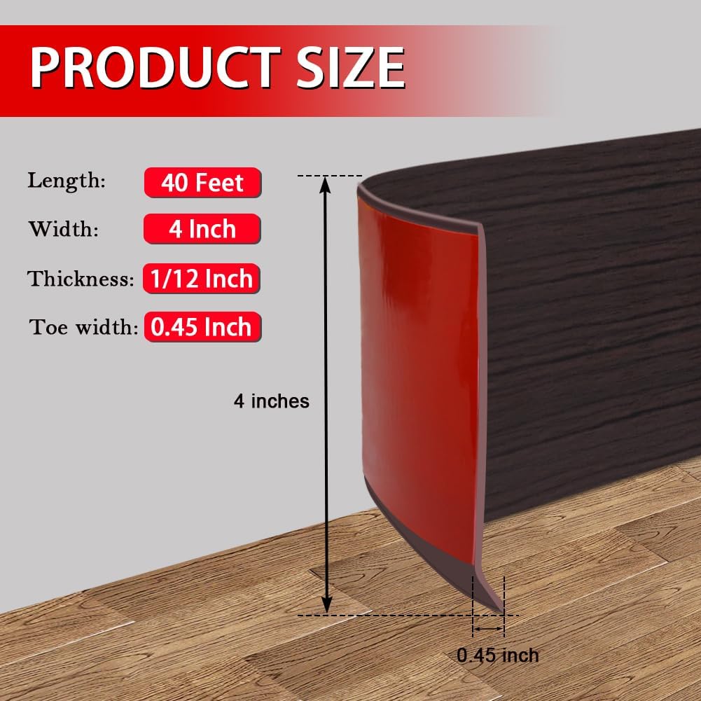 FONUNO Vinyl Wall Base Baseboard Molding Trim 4" Flexible Self Adhesive Rubber Wall Base Moulding Trim Peel and Stick Design, 4 Inch x 40 Feet, Black Walnut Wood Grain